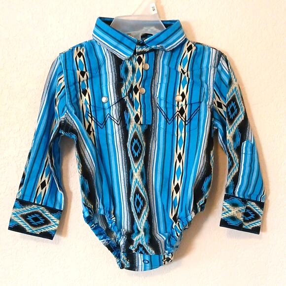 Wrangler Southwest Aztec Blue Pearl Snap Button Baby 6-9 M Outfit - Picture 1 of 4